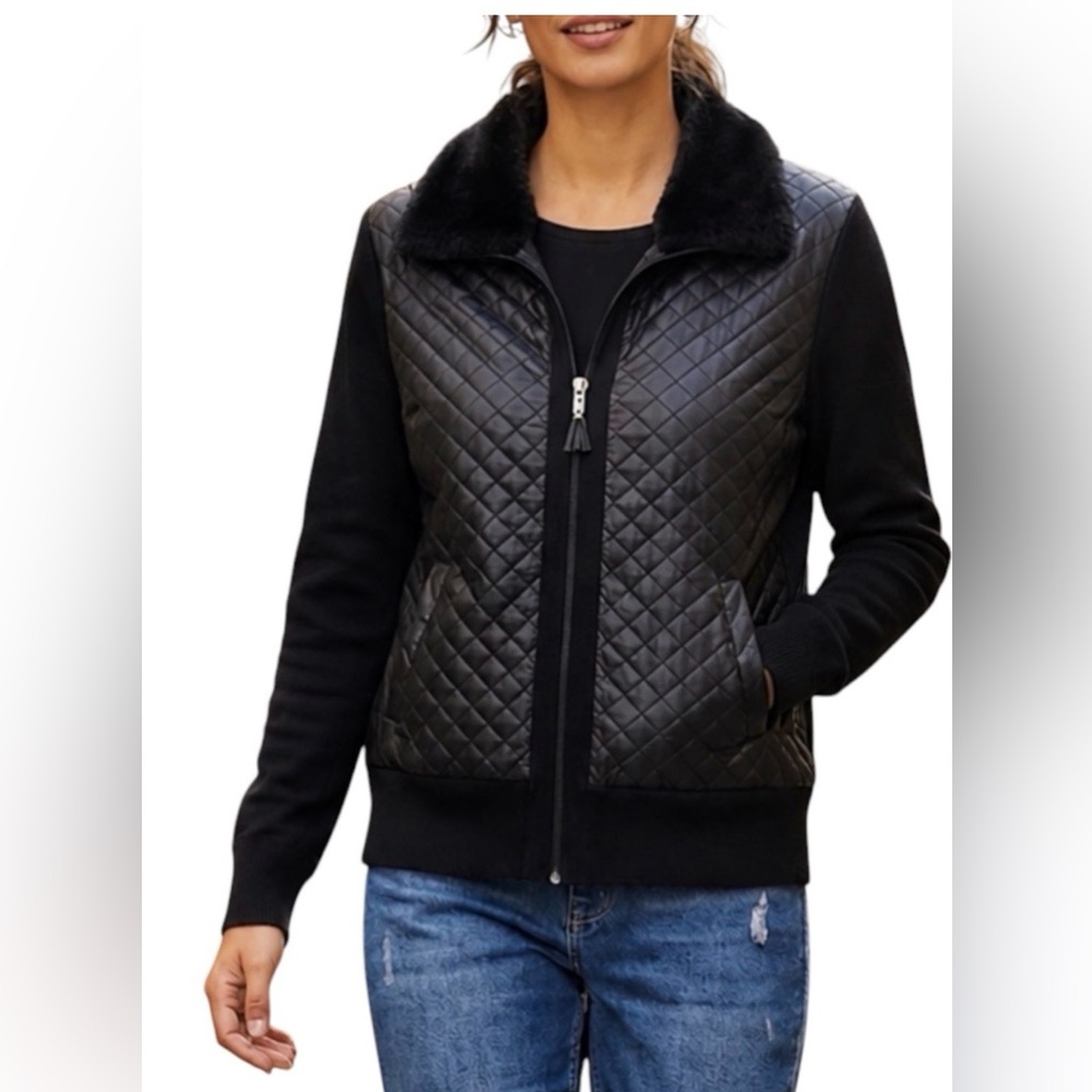 Women’s Black Quilt Faux Leather Fur Collar Knit Moto Jacket Size XL